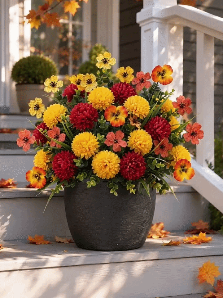 Sidebar product image showing the complete 21-piece artificial fall flower set in warm autumn colors