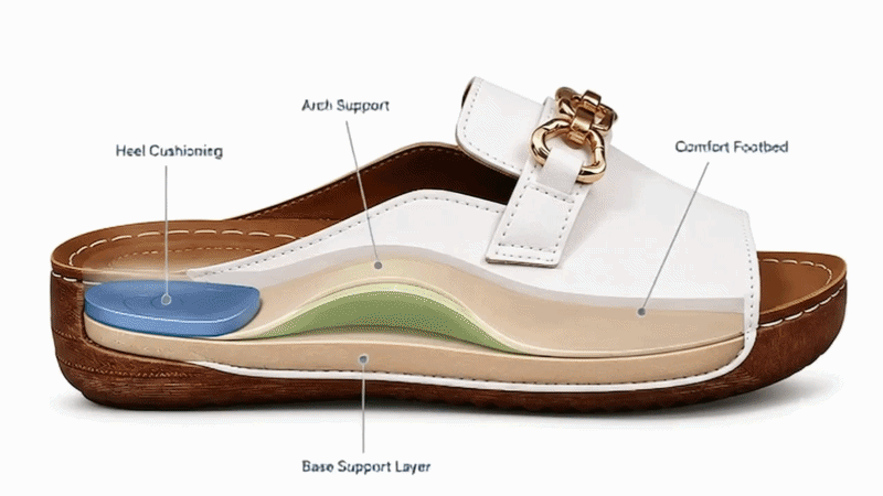 Suggested image: insole diagram showing arch support, heel cushioning, and pressure distribution
