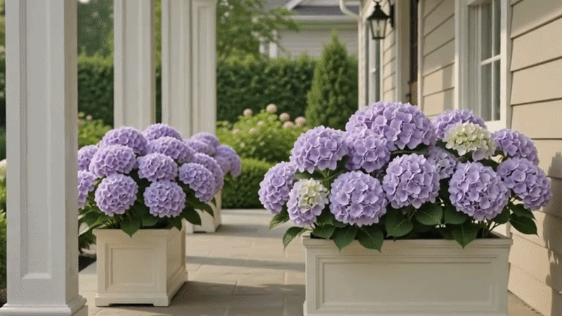 FAUXELY artificial outdoor hydrangea flowers in porch planters under natural daylight