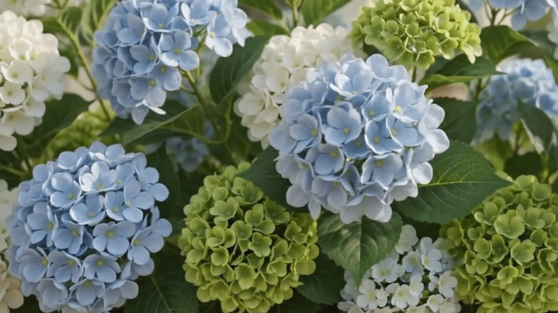 Colorful artificial hydrangeas in a porch planter under direct afternoon sun