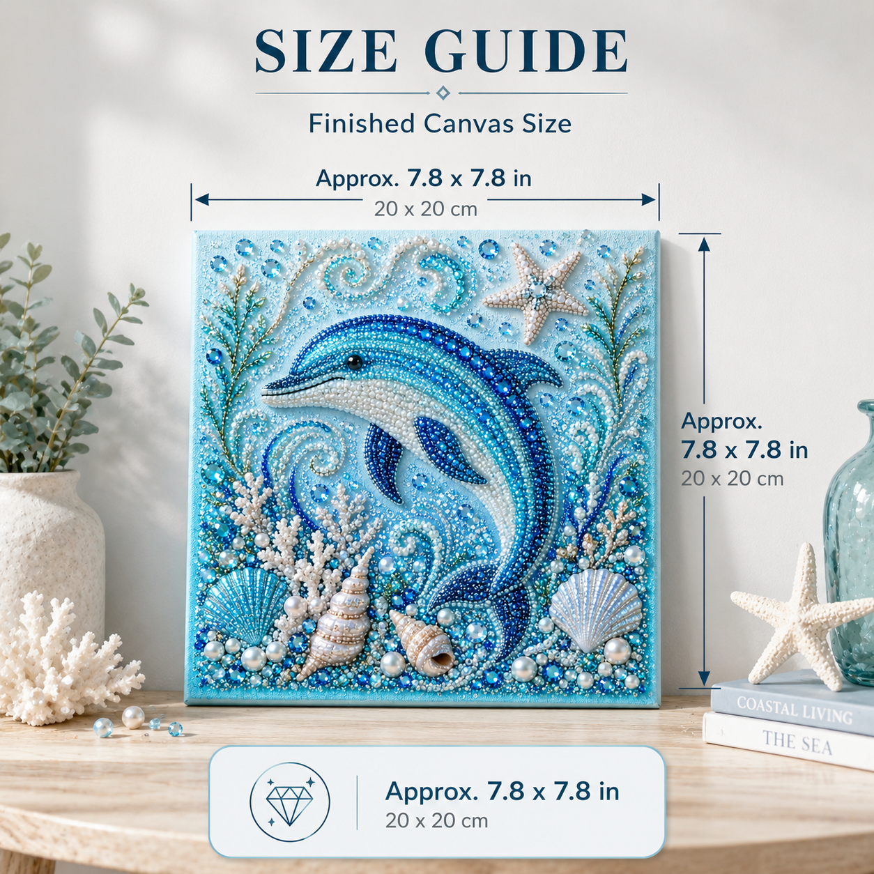 Size graphic showing the approximately 7.8 by 7.8 inch finished canvas on a desk or wall