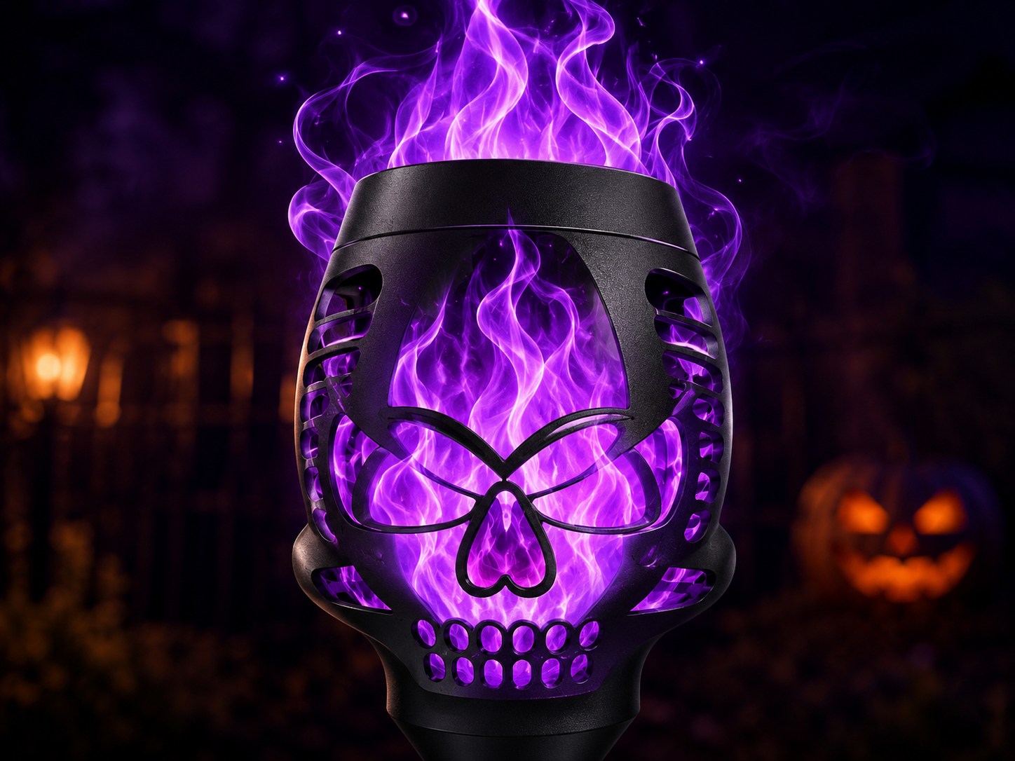 Suggested image: product detail graphic showing the skull-shaped housing with the flame-style light glowing through it
