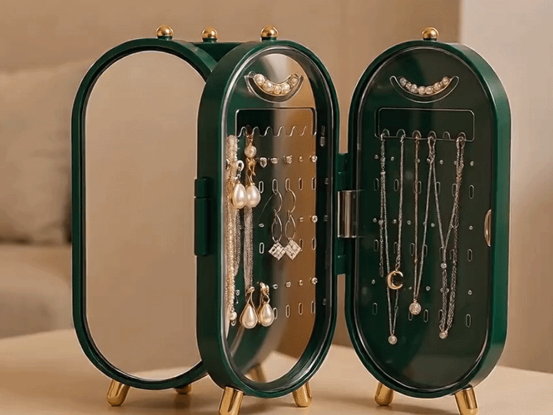 Suggested image: main product photo of the PAVAROA foldable jewelry storage box with mirror in the available color