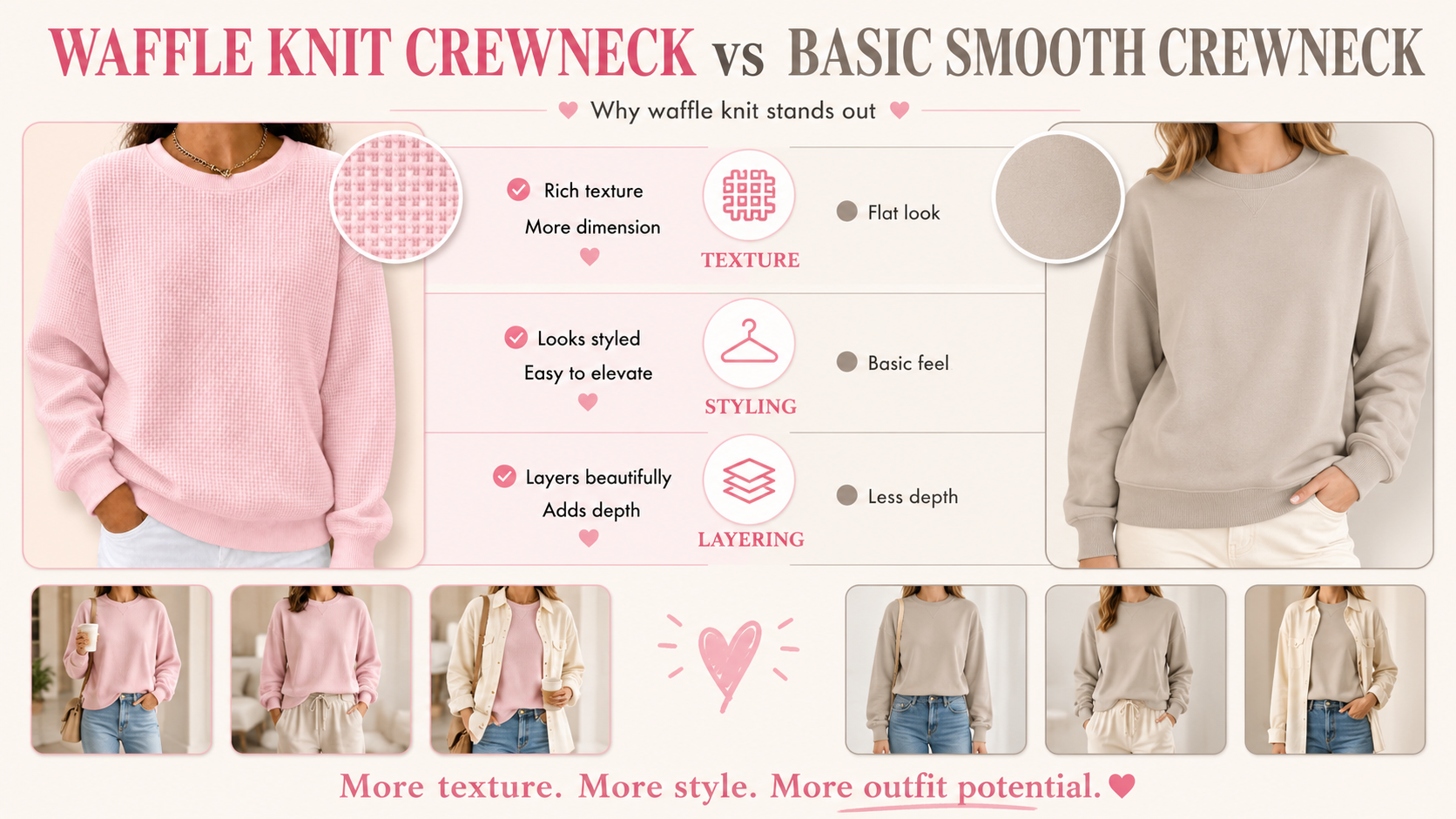 Suggested comparison graphic: Women&rsquo;s Waffle Knit Crewneck Sweatshirt versus a basic flat sweatshirt, comparing texture, visual interest, outfit versatility and layering ease without showing prices