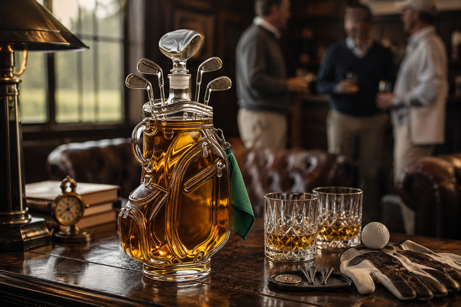 Suggested image: final cinematic hero shot of the exact decanter in sharp focus with two whiskey glasses, scorecard, and adult golfers chatting behind it