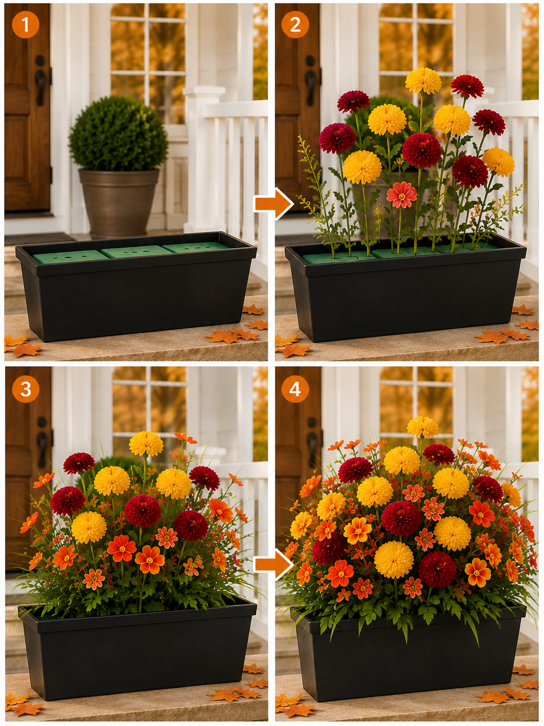 Step-by-step image showing the 21-piece fall flower stems being placed into a porch planter