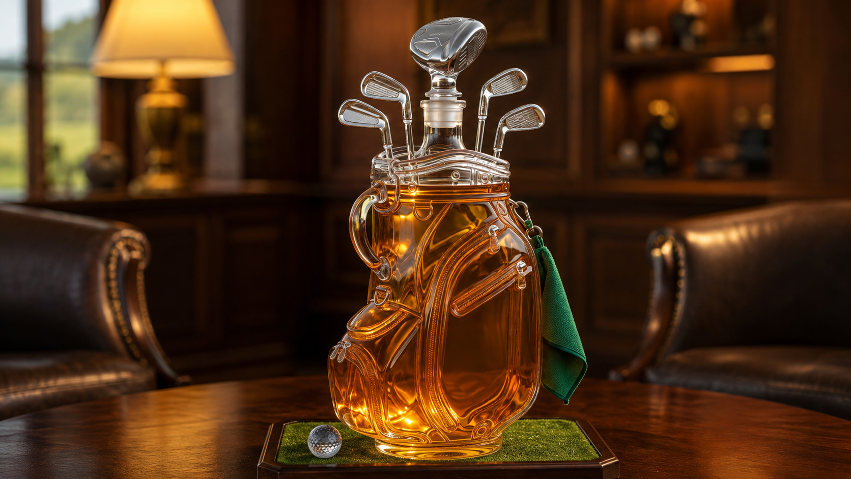 Suggested image: exact product front view on a dark wood clubhouse table, showing the golf bag silhouette, clubs, towel, stopper, and display base clearly