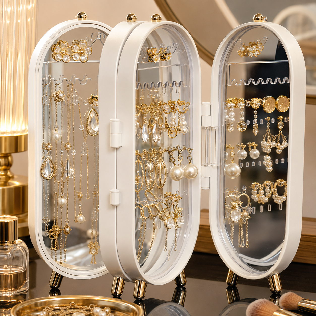 Suggested image: close-up of separated earrings and necklaces displayed neatly on the organizer panels