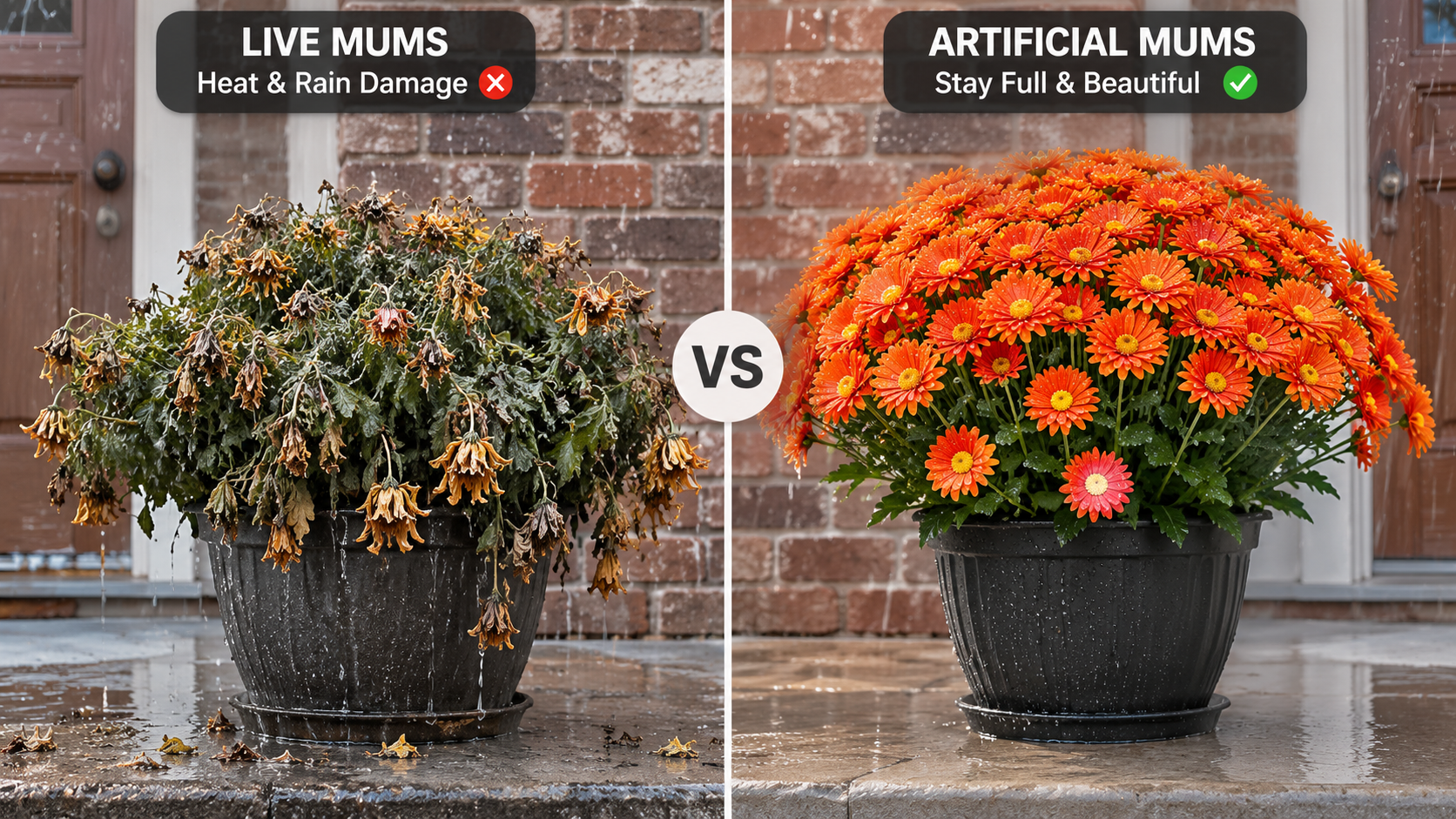 Split scene showing live mums affected by heat and rain versus artificial mums remaining full on the same porch