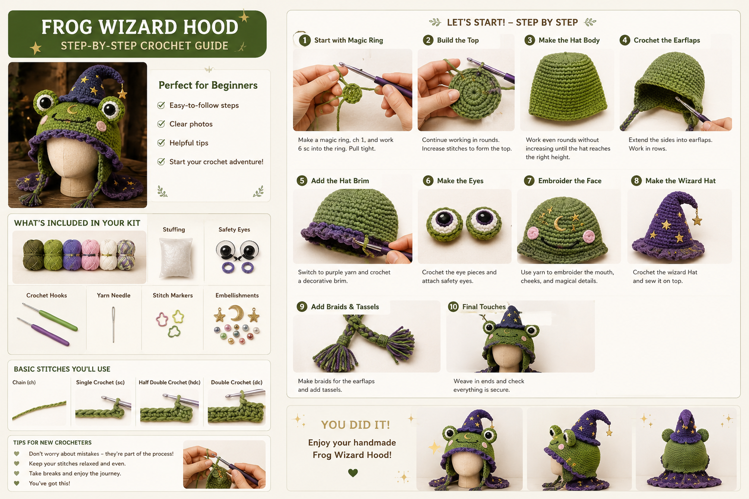 Suggested image: beginner adult following the instruction guide while crocheting the hood with the included hook