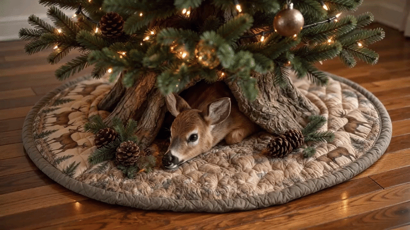 Suggested image: overhead view of the full round Vintage Deer Quilted Tree Skirt showing the complete deer artwork around the tree base