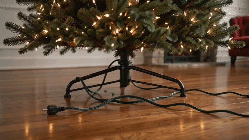 Suggested image: before-and-after comparison focused on the bottom of a Christmas tree, first showing a visible metal stand and tangled cords on an empty floor, then the same tree finished with the deer quilted tree skirt