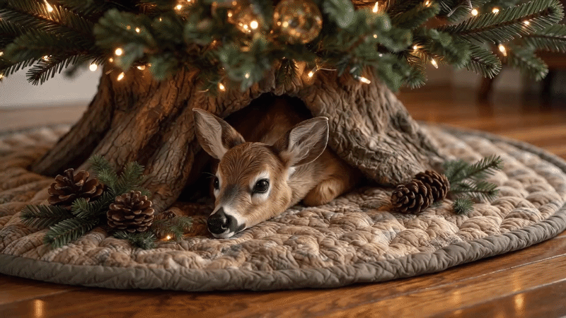 Suggested image: detailed close-up of the vintage deer motif styled with pine branches, pinecones, warm lights, and wooden Christmas ornaments