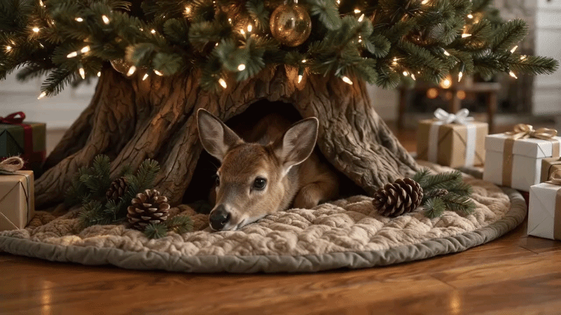 Suggested image: wrapped Christmas presents arranged neatly on the Vintage Deer Quilted Tree Skirt beneath a glowing tree