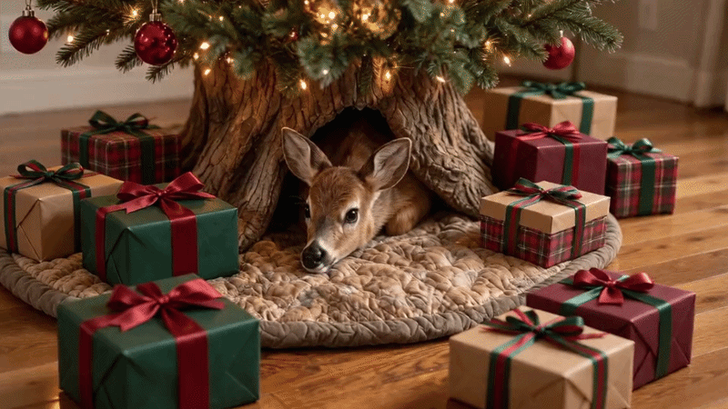 Suggested image: traditional red-and-green Christmas tree styled with the same deer quilted tree skirt and wrapped gifts