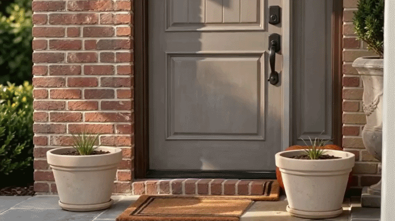 Wide hero photo or short GIF showing a plain porch transformed with full sunset-colored artificial mums