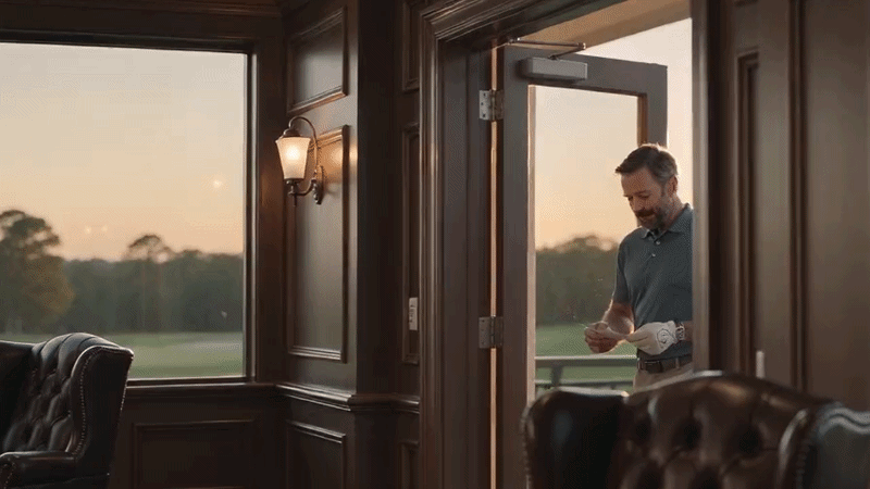 Suggested image: golfers arriving at a warm, upscale clubhouse lounge after completing 18 holes, carrying scorecards and golf gloves