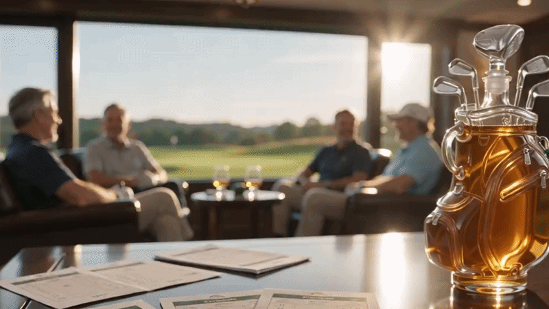 Suggested image: cinematic clubhouse table after a golf round, with the exact PAVAROA golf bag whiskey decanter centered beside scorecards and whiskey glasses