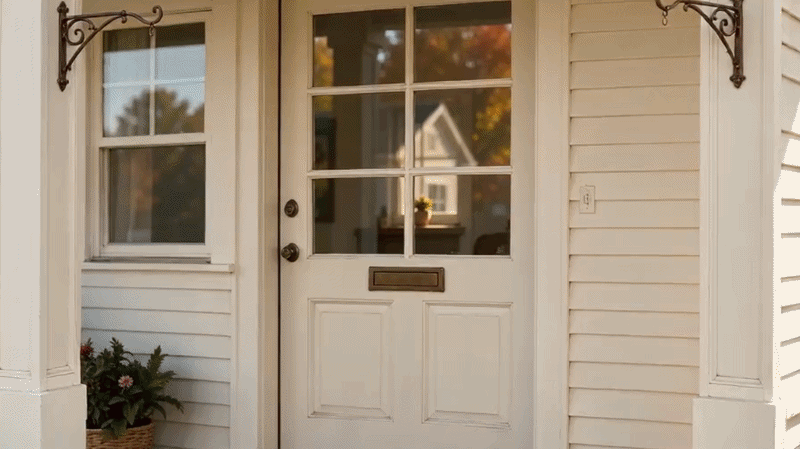 Wide hero photo or short GIF showing a plain front entry transformed with two full artificial fall harvest hanging baskets