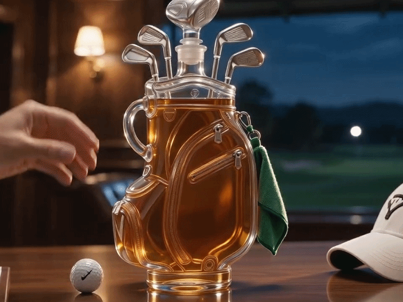 Suggested image: clean main product photo of the exact PAVAROA 19th Hole Golf Bag Whiskey Decanter on a plain background