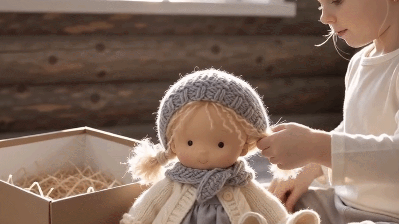 Suggested image: child brushing and styling the doll yarn hair into simple hairstyles