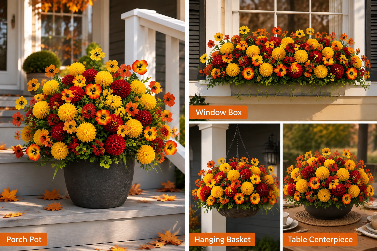 Collage showing the same artificial fall flower set styled in porch pots, a window box, hanging basket, and tabletop display