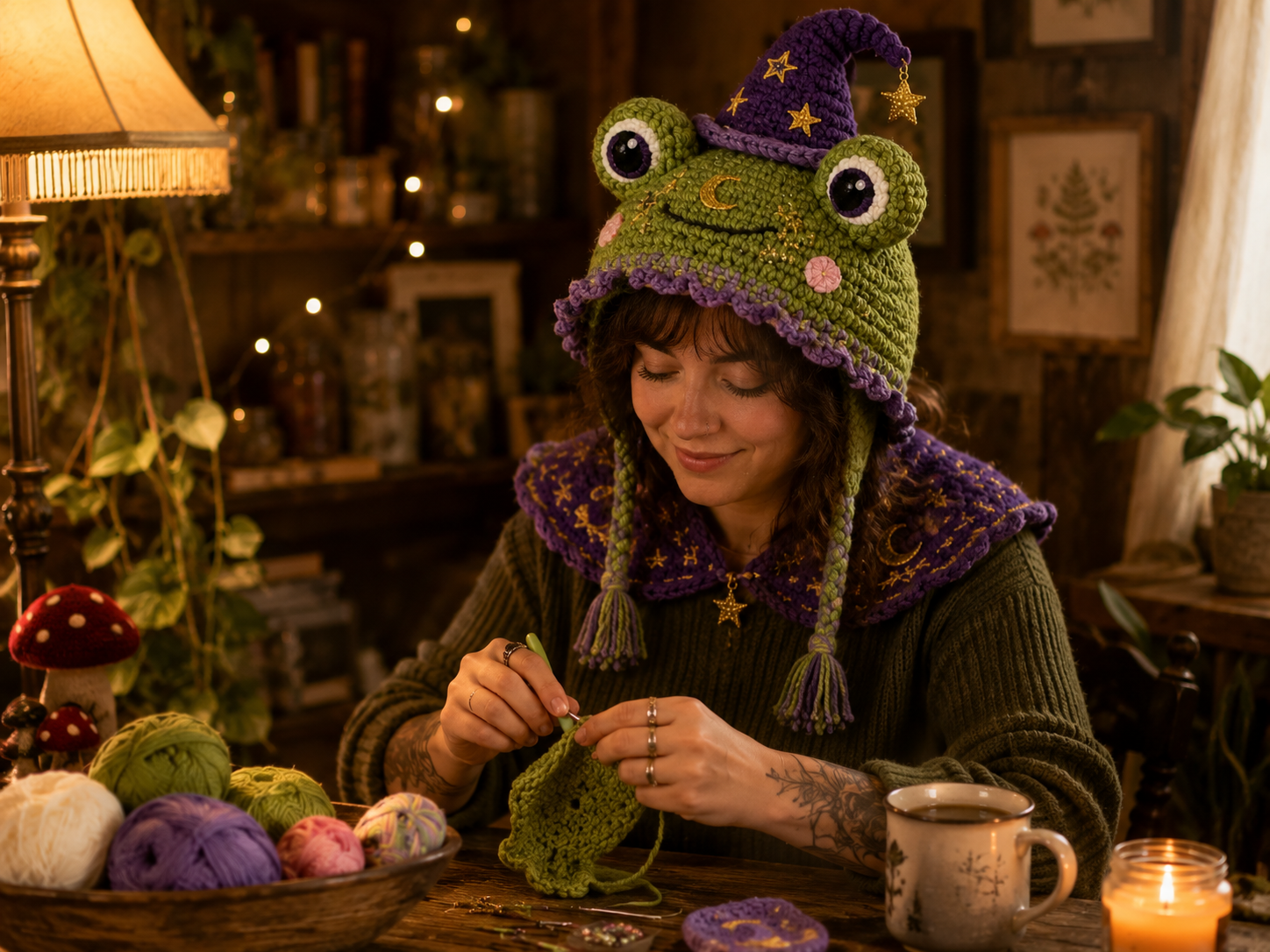 Suggested image: lifestyle photo of an adult crafter wearing a completed fantasy crochet hood at a cozy craft table