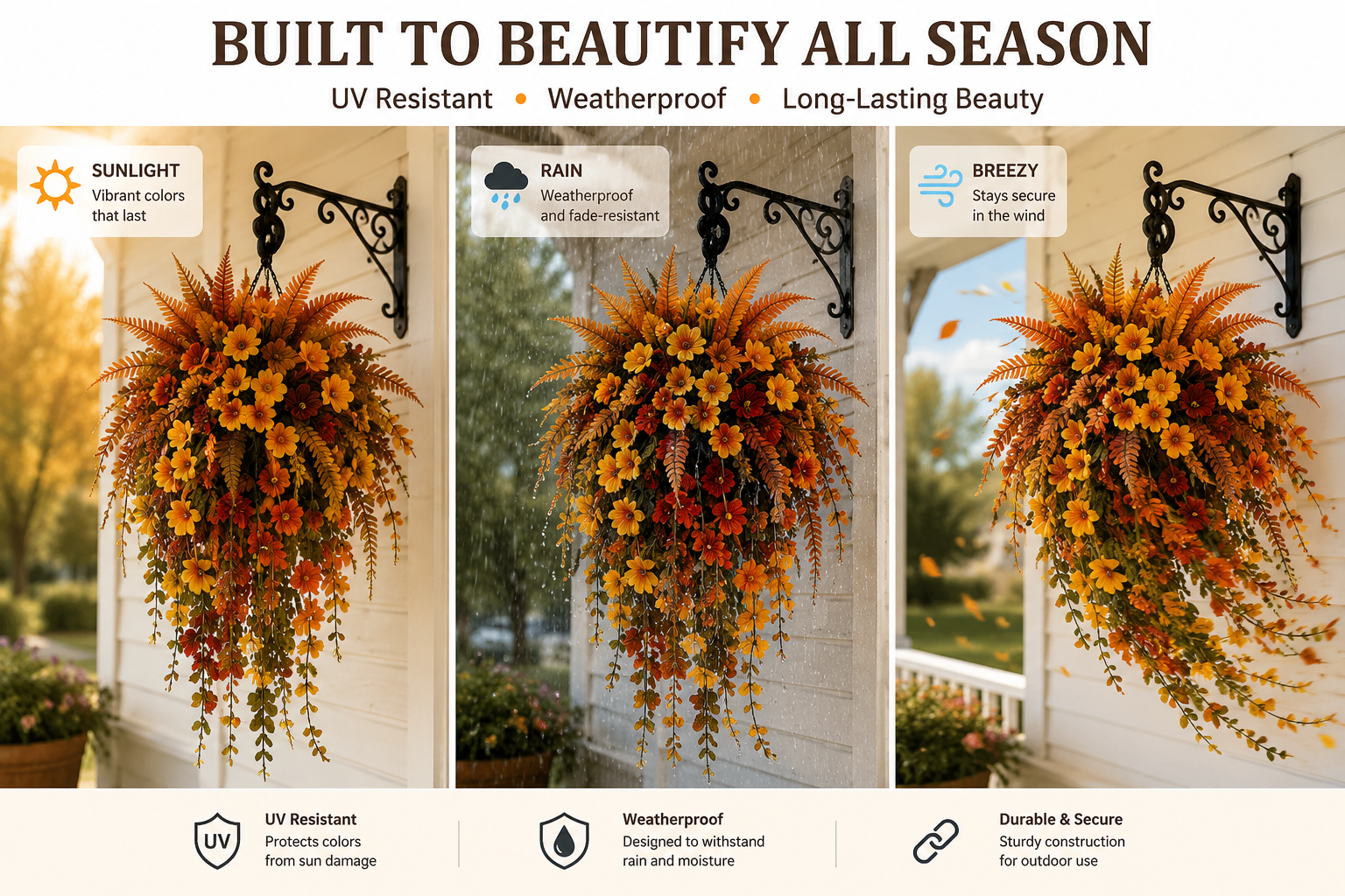 Three-panel outdoor performance graphic showing the same hanging basket in sunlight, rain, and breezy porch conditions