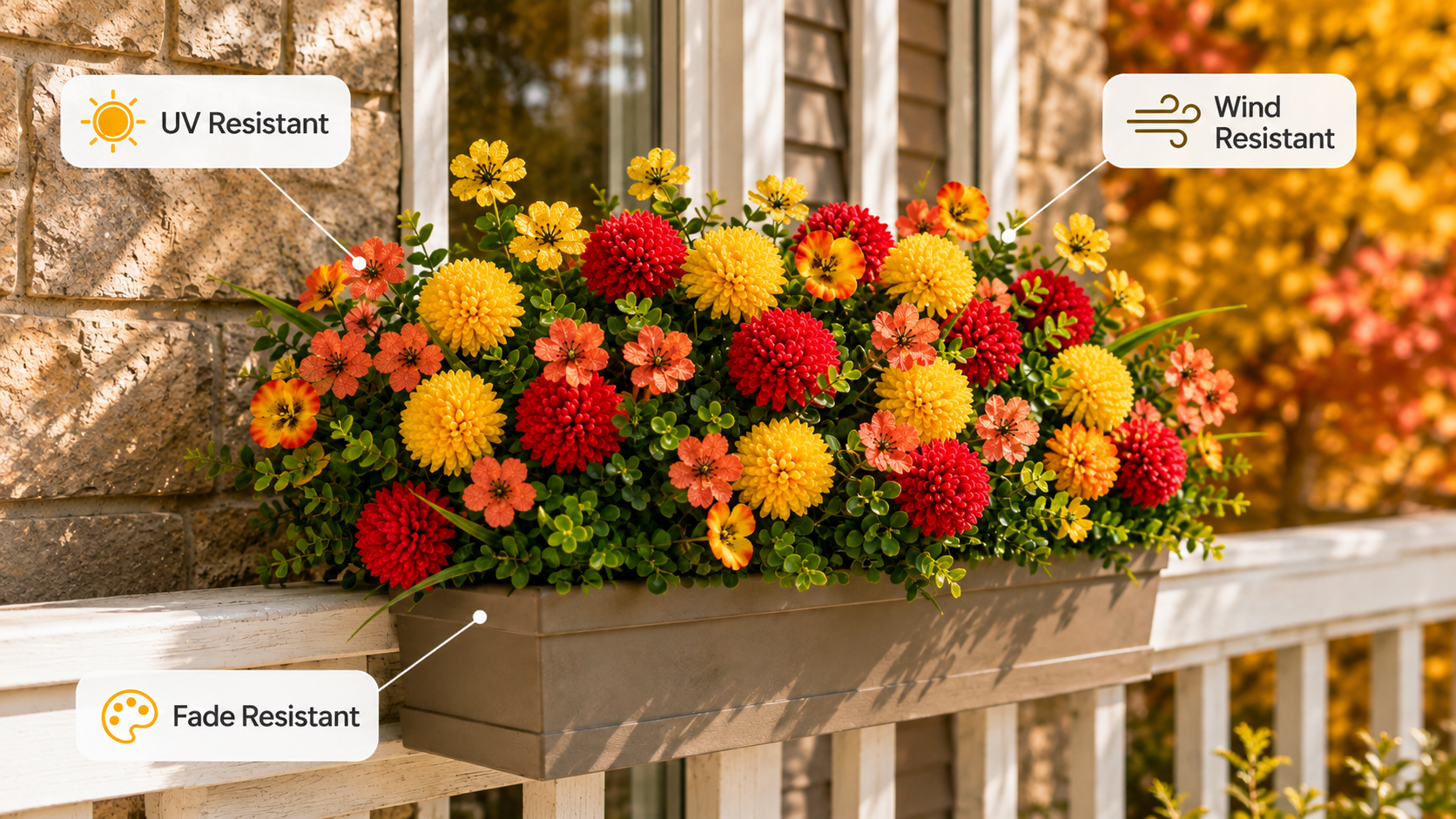 Artificial fall flower planter outdoors in bright sunlight with a subtle graphic highlighting UV, wind, and fade resistance