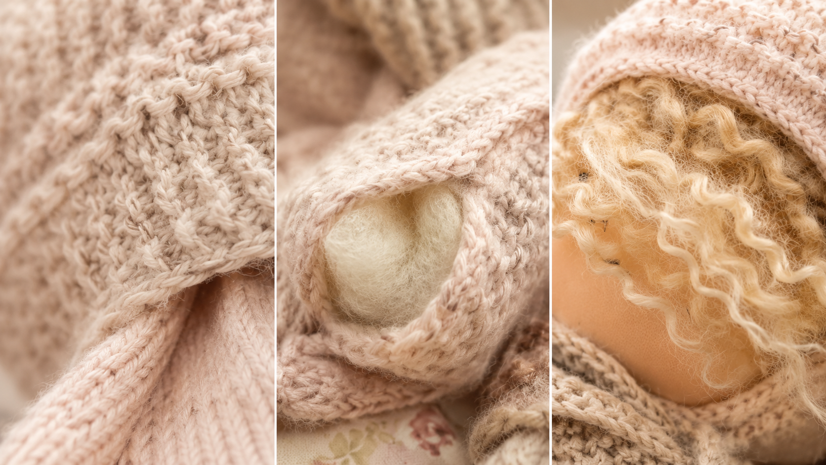 Suggested image: macro detail of the doll cotton knit skin natural wool filling and soft yarn hair