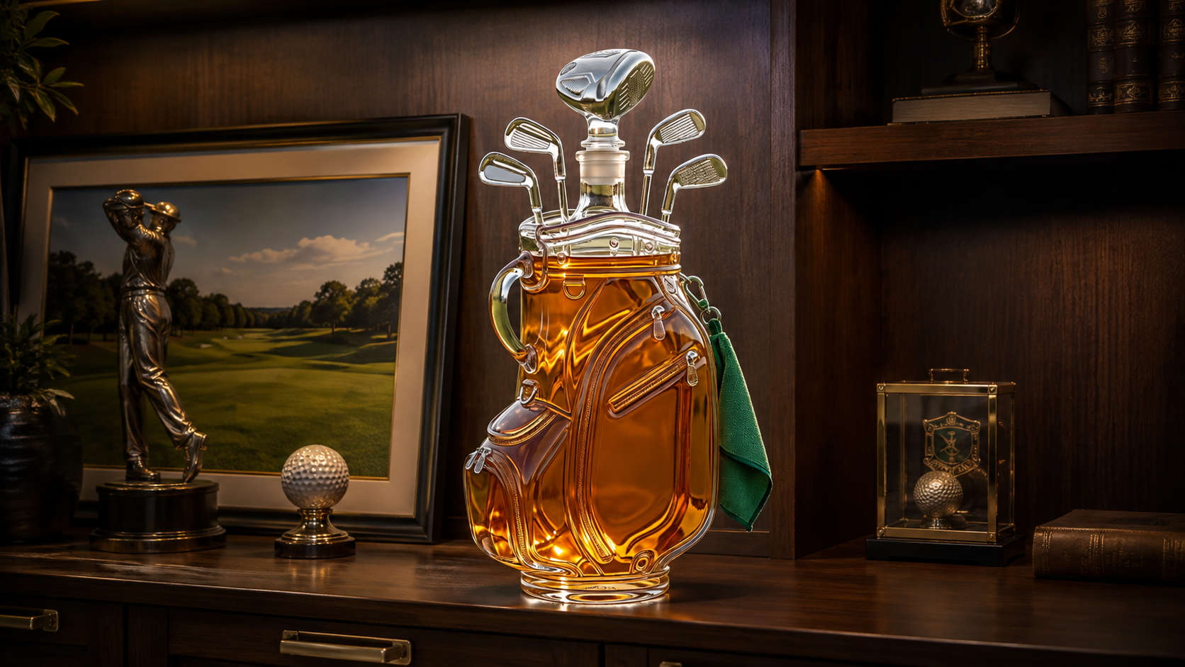 Suggested image: exact decanter styled on an executive office cabinet with subtle golf memorabilia and no visible alcohol consumption