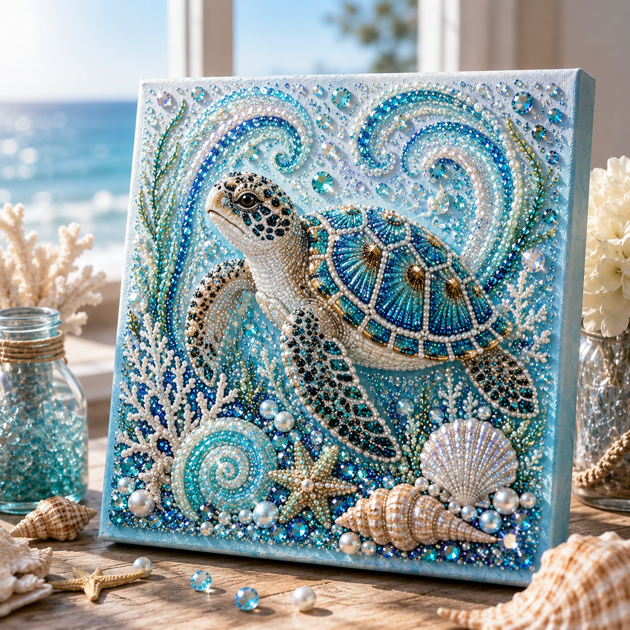 Finished ocean pearl artwork catching natural light on a wall, shelf, or desk