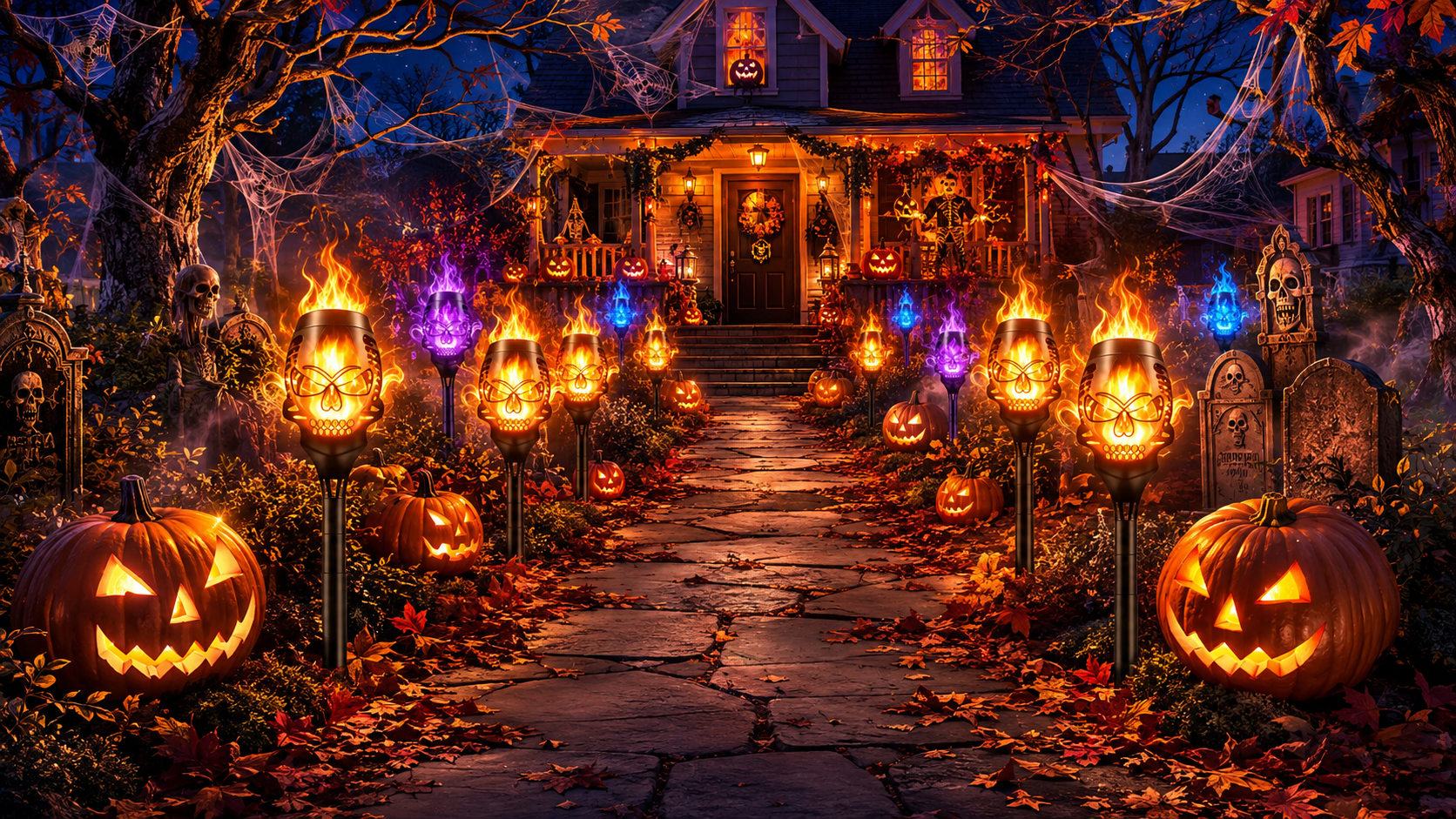 Suggested image: final hero scene showing a complete Halloween yard with skull flame lights guiding visitors from the sidewalk to the decorated front door