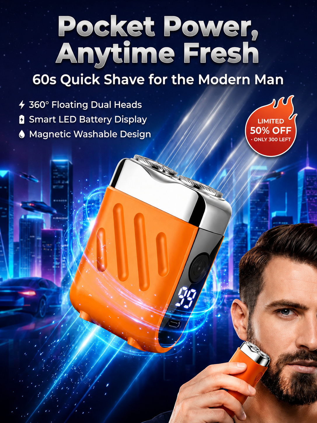 【German precision engineering, a best-selling shaver in Europe and America!】The new generation dual-head pocket shaver，Instant shaving, haircutting, and hair removal in just 1 second! Suitable for the whole family!