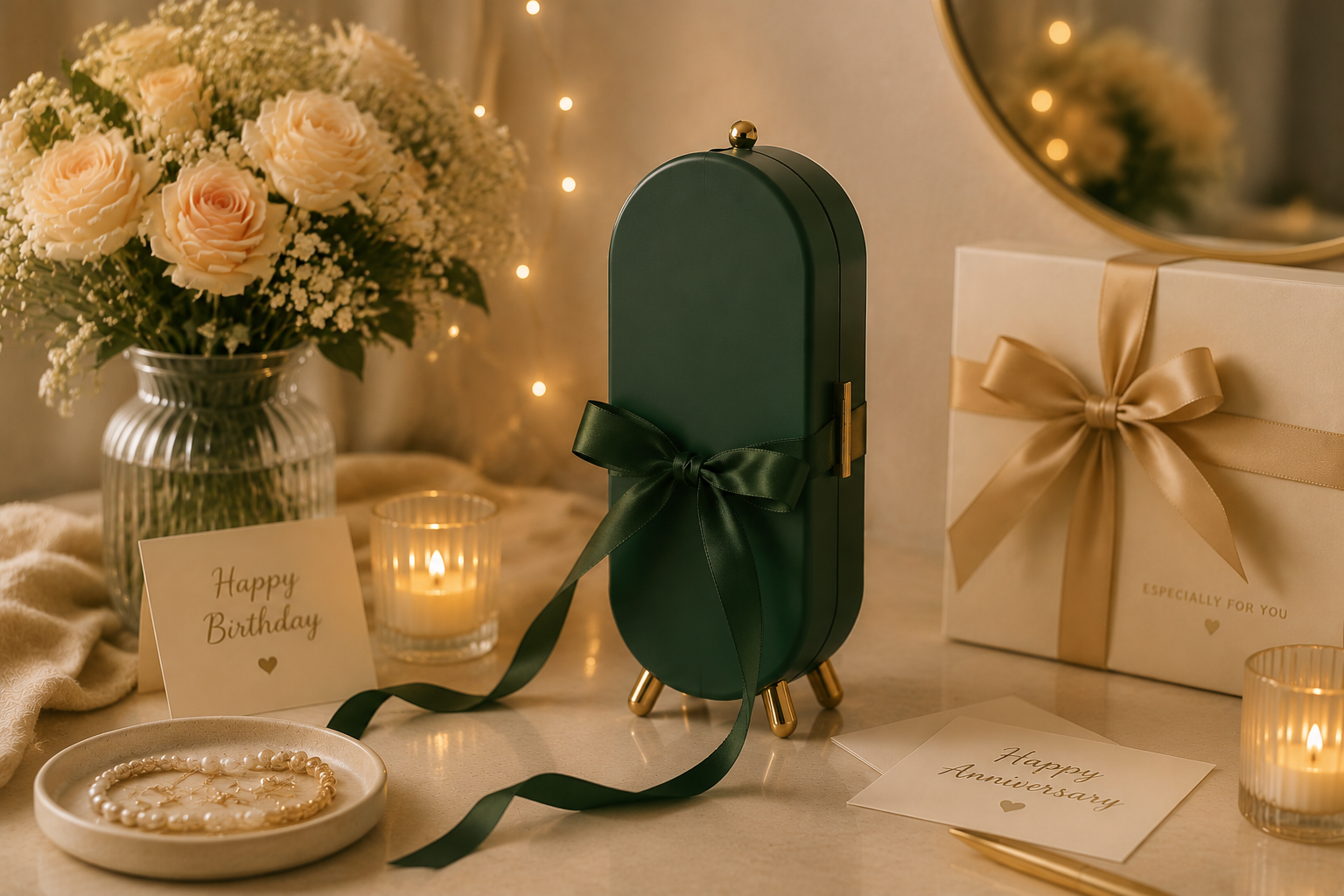 Suggested image: gift presentation showing the jewelry organizer with ribbon for birthday, anniversary, or holiday gifting