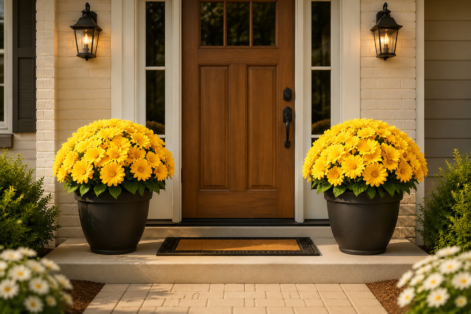 Front-door styling scene with two symmetrical planters filled with sunset artificial mums