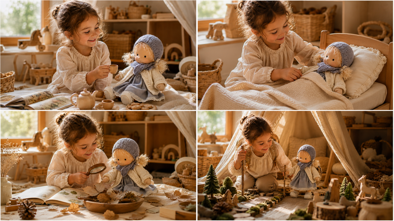 Suggested image: child pretending the doll is happy sleepy curious and brave across four imaginative play scenes