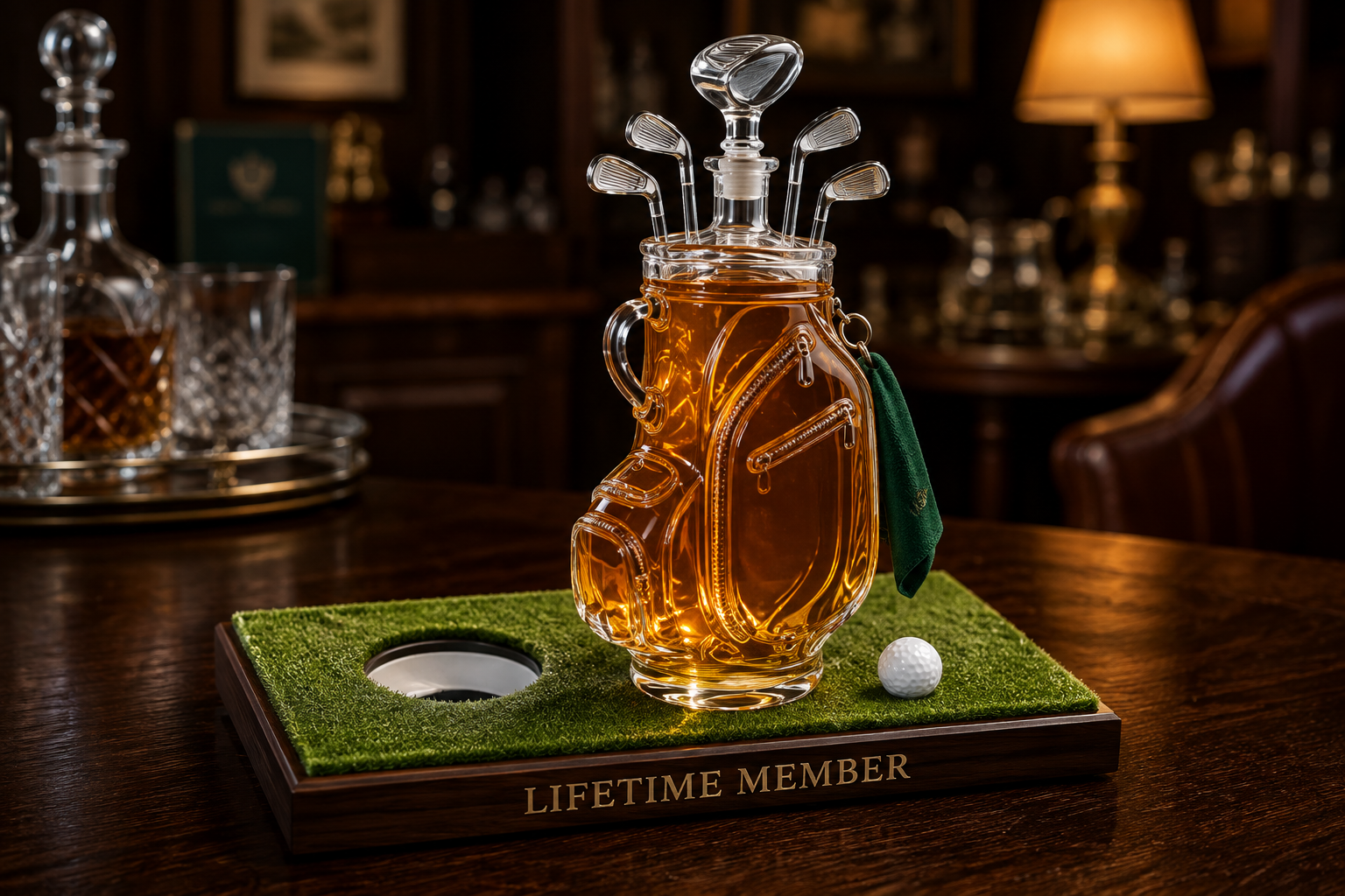 Suggested image: close-up of the exact display base showing the golf ball, cup detail, green surface, and LIFETIME MEMBER inscription