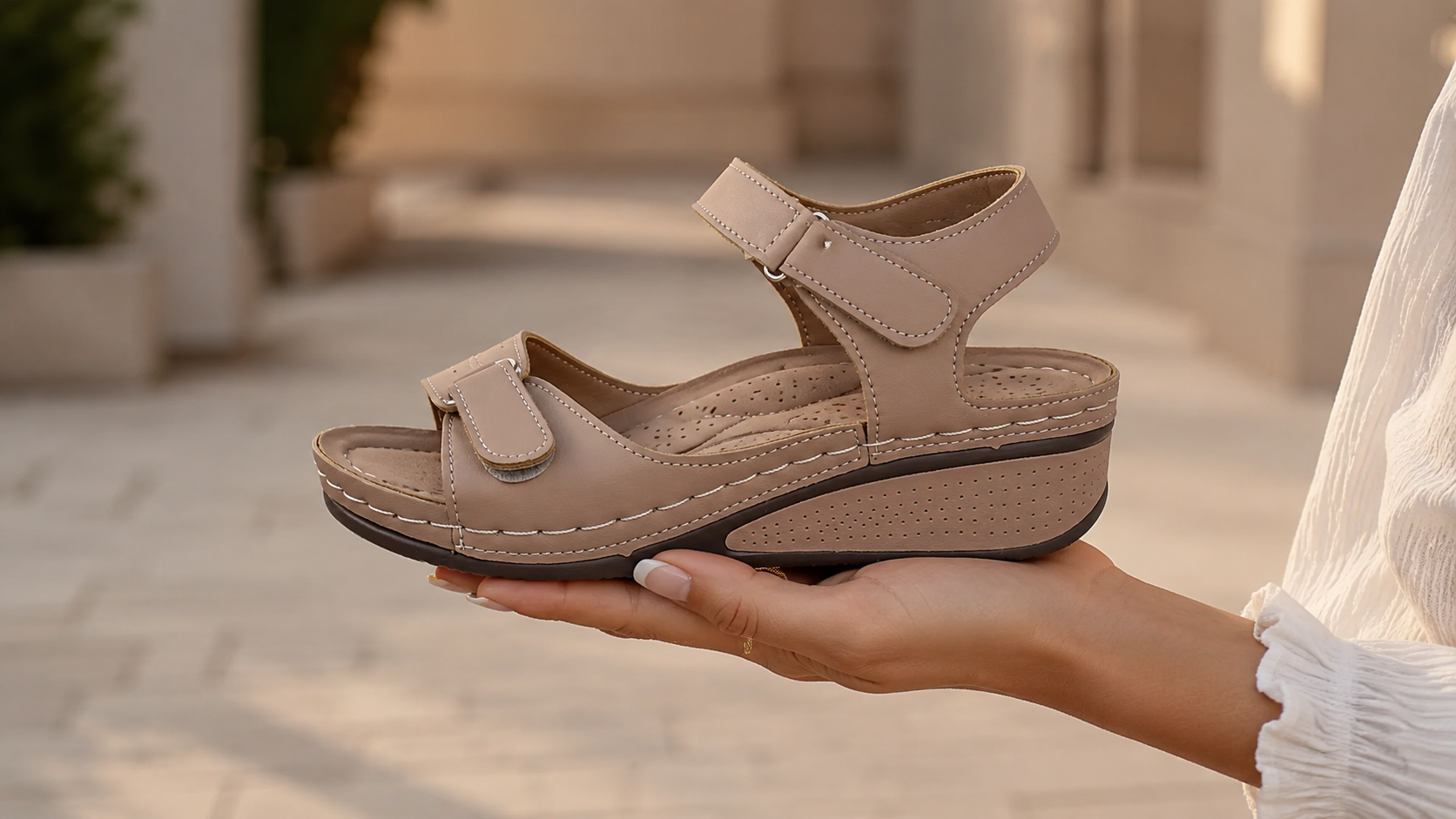 Suggested image: model holding one SEVINQ sandal in hand to show lightweight construction