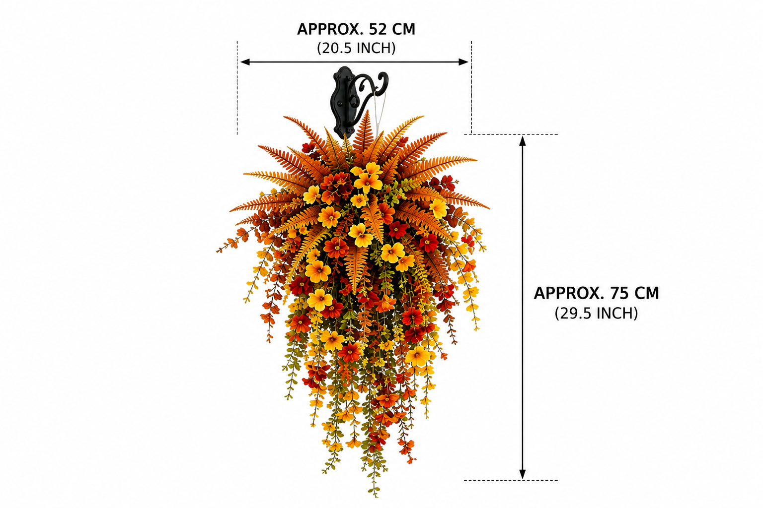 Labeled dimension graphic showing the approximately 52 cm top fern section and approximately 75 cm trailing flower vines