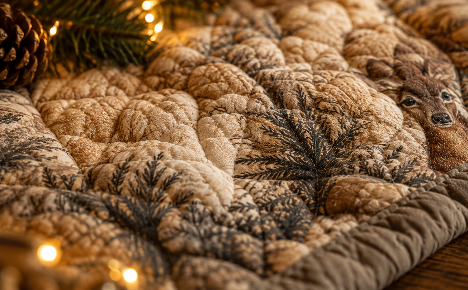 Suggested image: macro photograph of the quilted cotton-poly fabric showing stitching, padded texture, and soft holiday lighting
