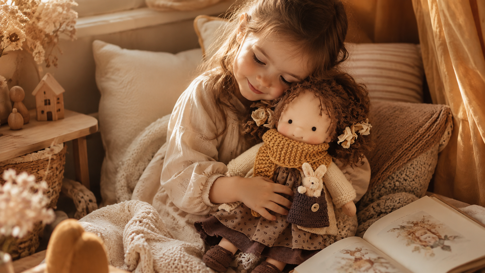 Suggested image: child hugging the soft Waldorf doll during a calm reading or bedtime moment