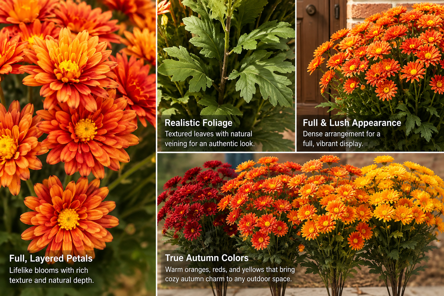 Close-up comparison showing dense artificial mum petals, textured foliage, and realistic autumn color outdoors