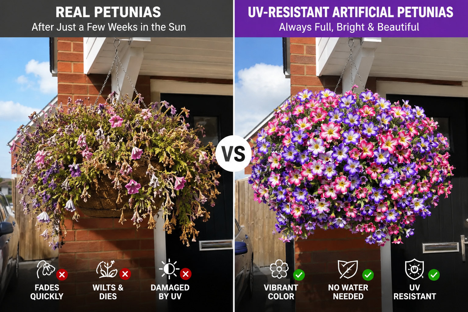 Comparison graphic showing faded real flowers next to full UV-resistant artificial petunias