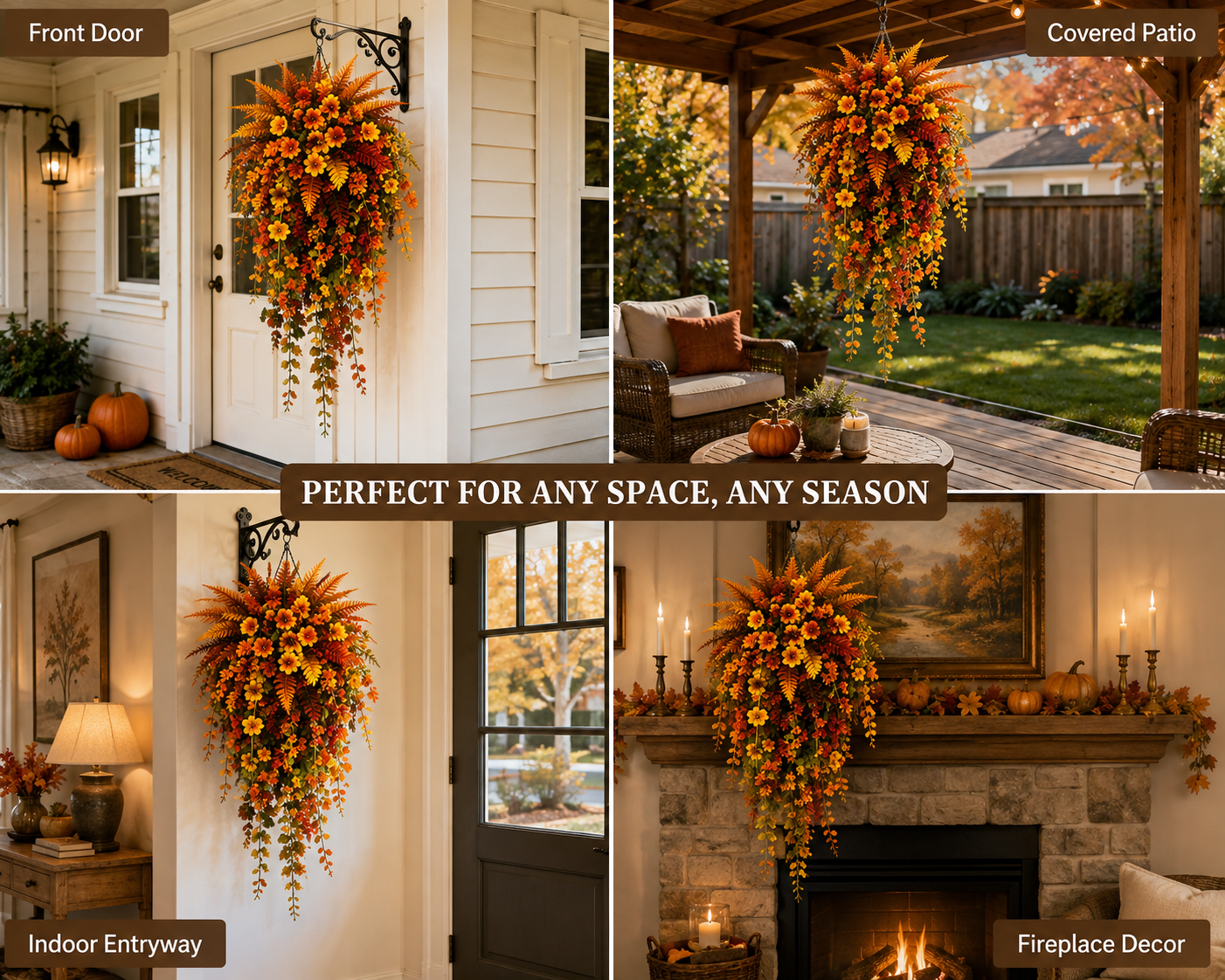 Four-scene collage showing the artificial fall hanging basket on a front porch, covered patio, indoor entryway, and fireplace display