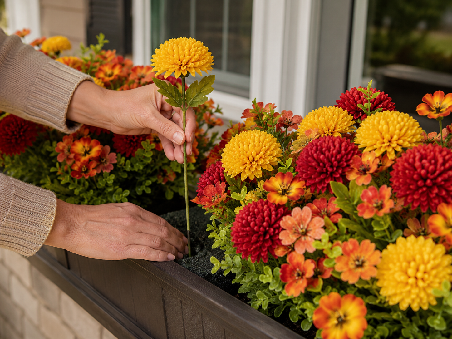 Hands placing individual artificial fall flower stems into foam or soil inside a porch planter
