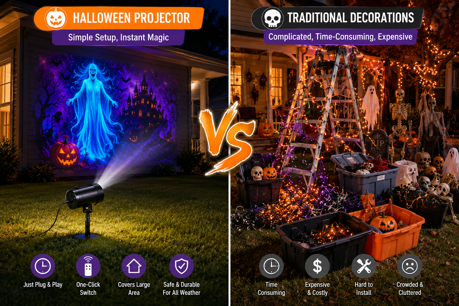 Image suggestion: horizontal comparison graphic showing one projector setup versus ladders, tangled string lights, multiple props, and storage boxes