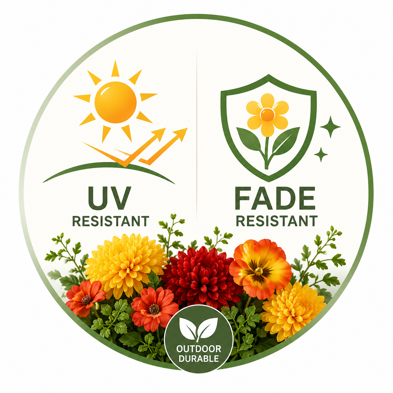 Icon illustrating UV-resistant and fade-resistant outdoor flower materials