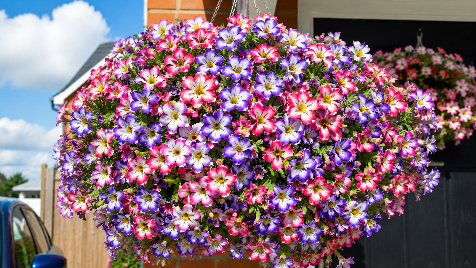 Close-up of layered artificial petunia petals and green leaves