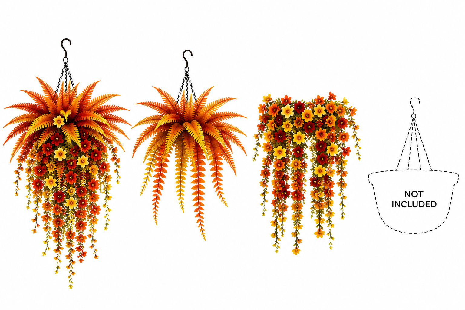 Flat-lay contents graphic showing one fern piece and two flower vines, with a separate basket silhouette marked as not included